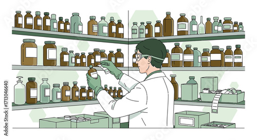 Illustrative depiction of a scientist working in a pharmaceutical laboratory research setting