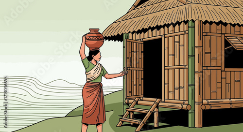 Illustrative Depiction of Rural Life: Woman Carrying Water Near Traditional Bamboo House