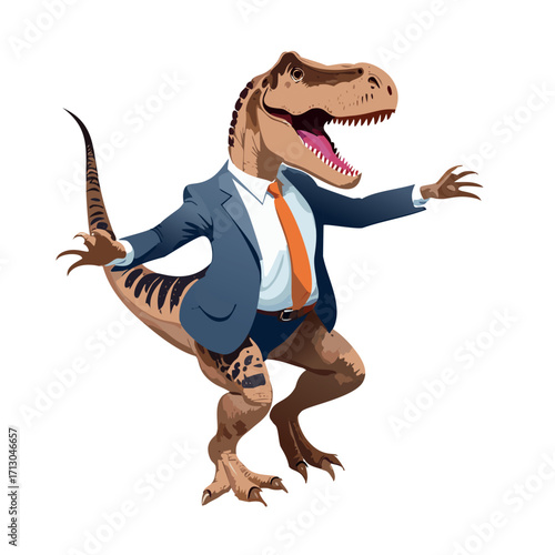 Hyperrealistic 3D render of a happy dancing Trex dressed in a jacket and tie