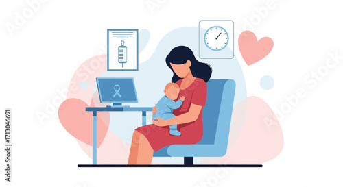 Illustrative mother and baby at doctor's office showcasing maternal healthcare support