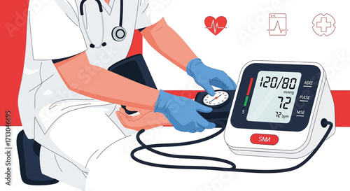 Illustrative doctor checking blood pressure with digital monitor and stethoscope medical treatment