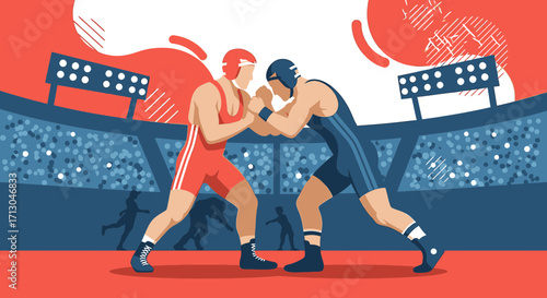 Intense wrestling match in a packed stadium showcasing athletic competition and sportsmanship