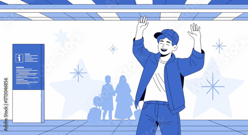 Joyful reunion at the airport terminal illustration, depicting arrival and heartfelt greetings in