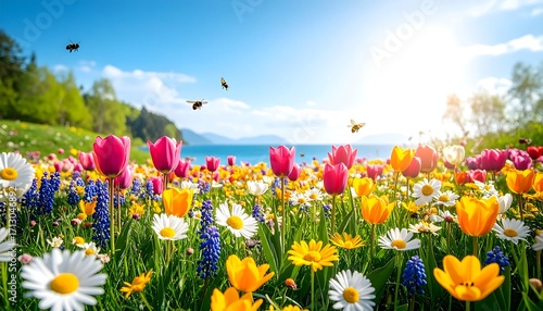 Vibrant flower meadow by a lake