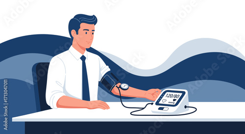 Man checking his blood pressure with electronic monitor for health awareness and preventative