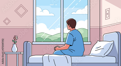 Man in hospital gown gazes wistfully out the window towards a bright future ahead