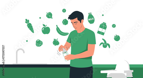 Man prepares fresh baby food with blender and ingredients for healthy baby nutrition