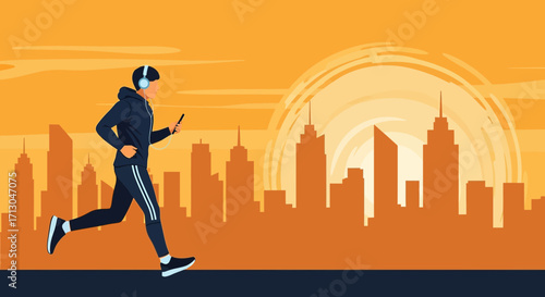 Man running in city skyline with headphones and phone at sunset or sunrise athletic training