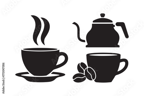 Black silhouette icons of coffee and tea elements