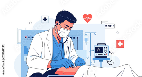 Medical professional providing patient care with modern equipment illustration