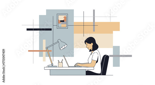 Minimalist workspace scene depicting a woman working on her laptop at home or office