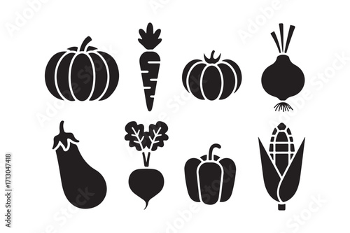 Collection of black silhouette vegetable icons on white background
