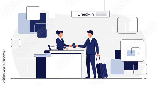 Modern Airport Check-in Illustration: Seamless Travel Experience and Customer Service focus