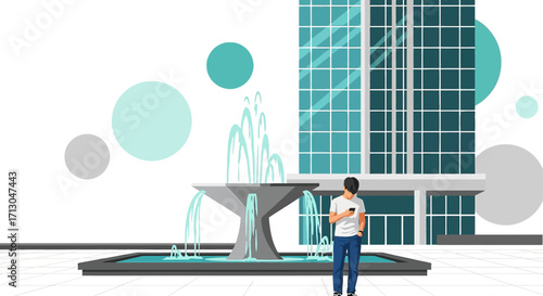 Modern cityscape illustration featuring a man with a smartphone near a fountain with architectural