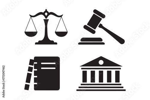 Legal icons representing justice law and courtroom proceedings