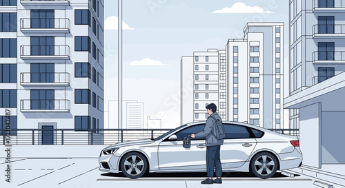 Modern man unlocking a car in a city parking lot with high-rise buildings in background