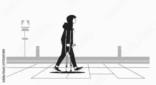 Monochrome depiction of a person walking with crutches in an urban environment offering poignant