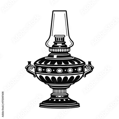 Vintage kerosene lamp in monochrome line art style in black and white for retro home decor, historical ambiance and antique collection