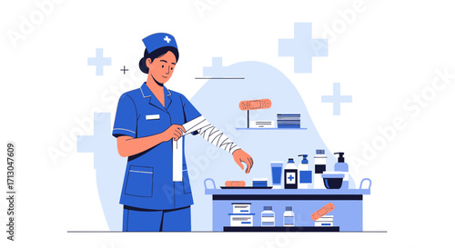 Nurse applying bandage to patient's arm in a medical setting ensuring proper care illustration