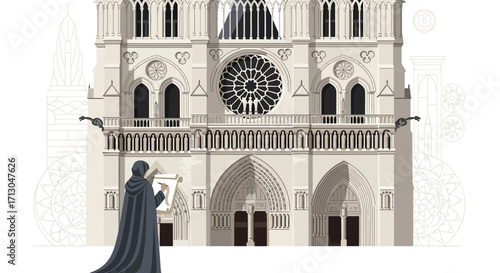 Notre Dame Cathedral artistic interpretation with a sketch artist in the foreground