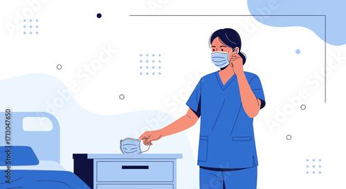 Nurse in blue uniform preparing face mask for hospital shift during pandemic era