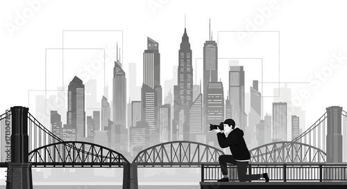 Photographer capturing a cityscape with bridge silhouette in black and white tone creating