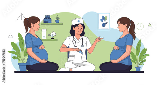 Pregnancy Consultation: Doctor advising pregnant women on healthcare routine vector art