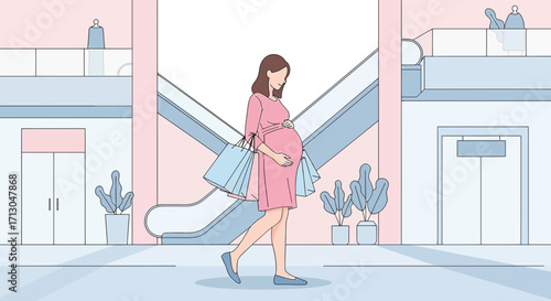Pregnant woman shopping at a mall surrounded by escalators and plants in a minimalist style