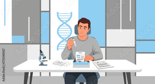 Scientist analyzes dna samples in the lab, researching genetic testing and science technology,