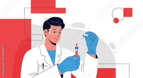 Scientist analyzing blood sample in laboratory setting with modern graphic elements