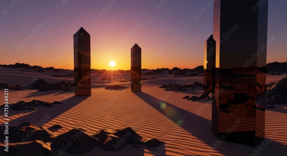 Obraz premium Mysterious Crystalline Monoliths Casting Long Shadows in a Golden Desert Sunset.