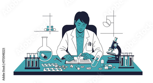 Scientist in laboratory setting conducting medical research and analyzing data meticulously