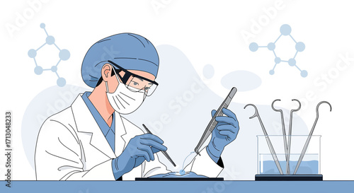 Scientist performing research in a laboratory, conducting experiments and analysis, emphasizing
