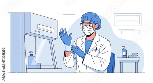 Scientist preparing for research in a laboratory with protective gear and equipment