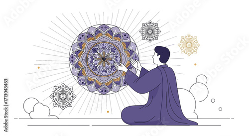 Spiritual connection: Person meditating with a mandala design for inner peace and balance