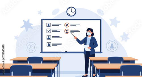 Teacher Explaining Covid Rules in a Classroom with Whiteboard and Mask while Teaching Students
