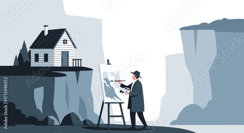 The artist captures the serene beauty of mountain landscapes and isolated house