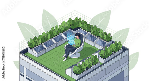 Sustainable living with green roof technology, a peaceful urban sanctuary concept showing
