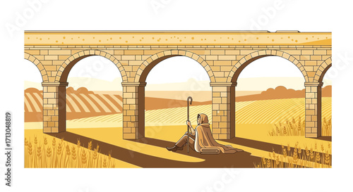 Tranquil Scene of a Shepherd Resting by Ancient Aqueduct in Golden Wheat Fields