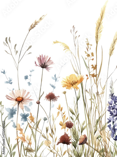 Watercolor wildflower meadow with grasses and delicate floral elements on white background
