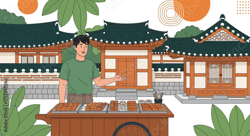 Traditional Korean street food vendor with a variety of local treats in a cultural setting