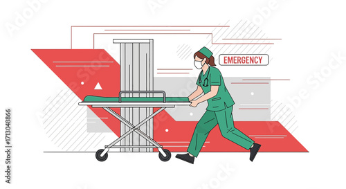 Urgent hospital emergency room scene depicting a nurse rushing with a stretcher during a medical