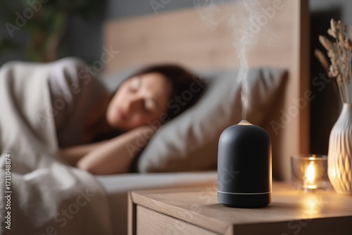 Modern black aroma diffuser steaming beside candlelight with woman sleeping peacefully in cozy minimalist bedroom