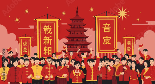 Vibrant Chinese New Year celebration with traditional attire and iconic pagoda backdrop