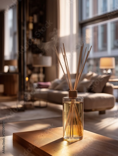 Reed diffuser in glass bottle with sticks in modern living room