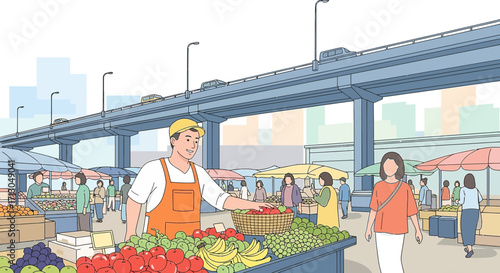 Vibrant outdoor farmer's market scene with vendor and variety of fresh colorful fruits
