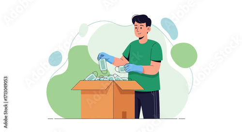 Volunteer carefully packing protective face masks in a box during a pandemic situation to fight