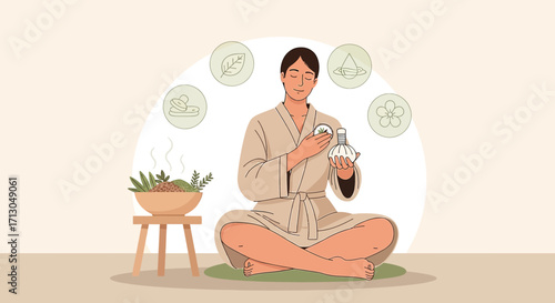 Wellness illustration featuring woman in robe meditating with herbal compress elements