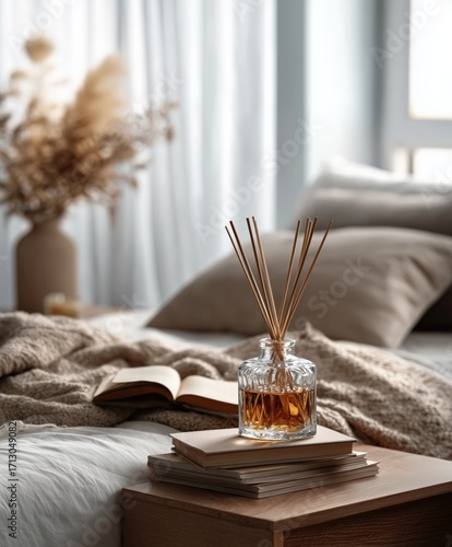 Classic glass reed diffuser on open book at cozy bedside table