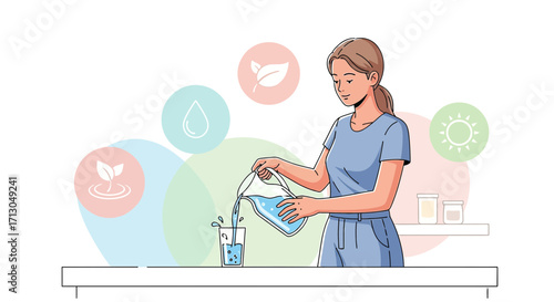 Woman pouring water representing nature's elements for plant growth illustration
